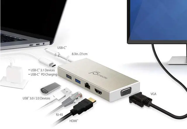 Alt view image 2 of 5 - j5create USB-C 3.1 Mini Hub- USB 3.1/3.0/2.0| HDMI 1920 x 1200 @ 60 Hz/VGA 1920 x 1200 @ 60 Hz | Gigabit Ethernet | Compatible with USB C Devices