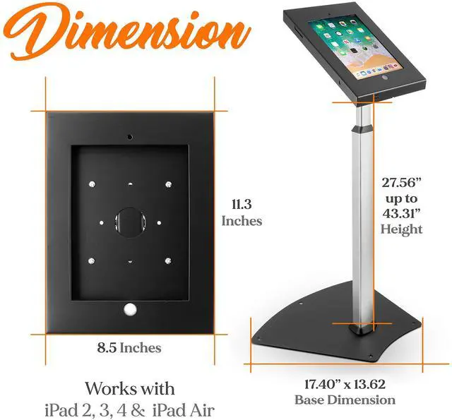 Alt view image 2 of 5 - Pyle Home iPad Compatible Tablet Stand, Tamper Proof Screen Holder, 27.56'' - 43.31'' Adjustable AntiTheft Floor Stand, Works With 9.7'' Touchscreens, Cable Management, Durable Design For Public Use