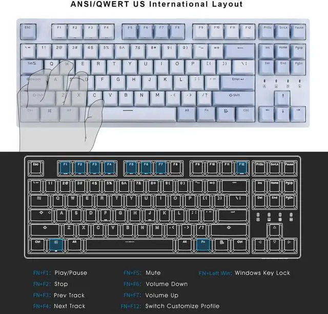 Alt view image 3 of 5 - DURGOD Taurus K320 TKL Mechanical Keyboard | 87 Keys Tenkeyless | USB C Wired | Doubleshot PBT Keycaps | Programmable Keys | NKRO Rollover | Windows & Mac (Haze BlueCherry Red)