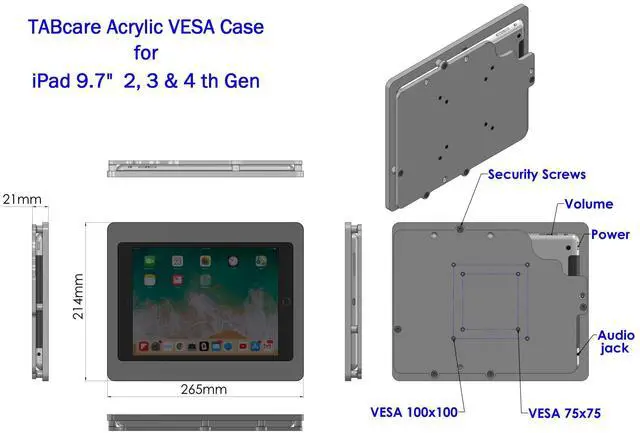 Alt view image 3 of 5 - TABcare Anti-Theft Acrylic VESA Enclosure for Apple iPad 2/3/4 9.7" with Free Wall Mount Kit & 90-Degree Angle Charge Cable (iPad 2/3/4 9.7", Black)