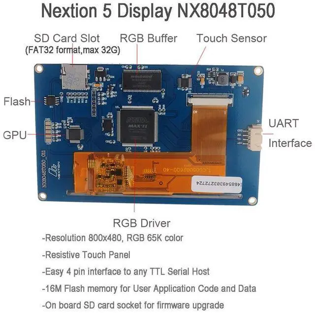 Alt view image 2 of 5 - DIYmalls Nextion 5 inch HMI Display Resistive Touch Screen 5V TFT LCD 800x480 for Arduino ESP32 Board (NX8048T050)