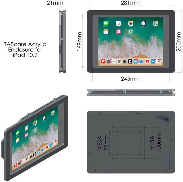 Alt view image 3 of 5 - TABcare Anti-Theft Acrylic VESA Enclosure for Apple iPad 7/8/9 10.2" with Free Wall Mount Kit & 90-Degree Angle Charge Cable (iPad 7/8/9 10.2", Black)