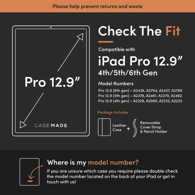Alt view image 2 of 5 - Casemade Real Leather Case Compatible with iPad Pro 12.9 5th/6th Gen (2021/2022) - Full-Grain Leather Cover, Auto Sleep/Wake, Dual Stand Position (Black)