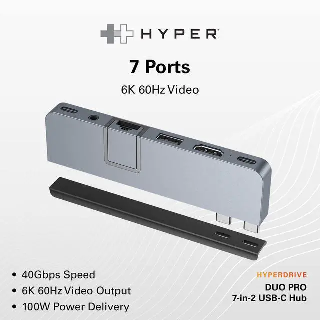 Alt view image 2 of 5 - Hyper Drive Duo PRO 7in2 USB C Hub Multiport Adapter, MacBook/iPad/PC/Chromebook, HDMI USB C Hub 4K 60Hz HDR Support, Gigabit Ethernet, USB4/Thunderbolt 4, 10Gbps, MicroSD