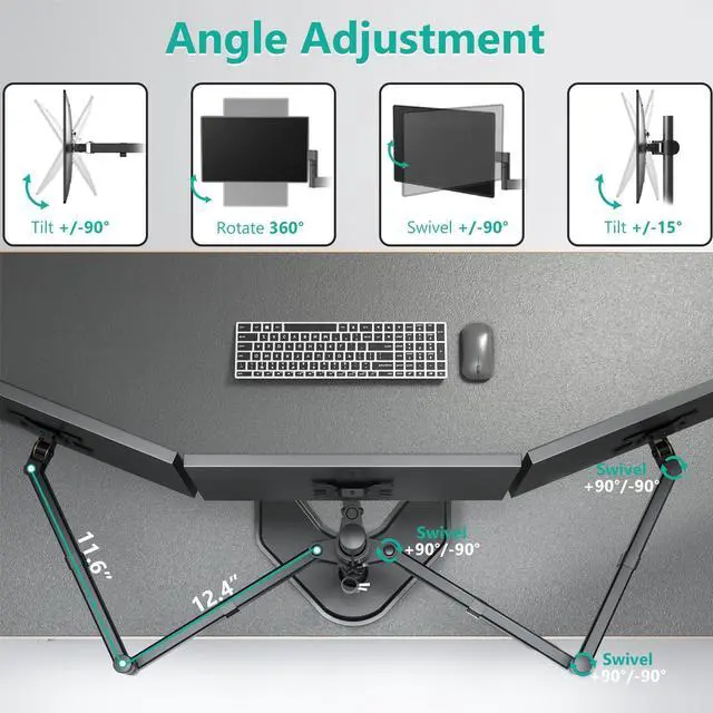 Alt view image 5 of 5 - WALI Triple Monitor Stand, Free Standing Three LCD Monitor Fully Adjustable Desk Mount Fits 3 Screens up to 27 inch, 22 lbs Weight Capacity per Arm (MF003), Black