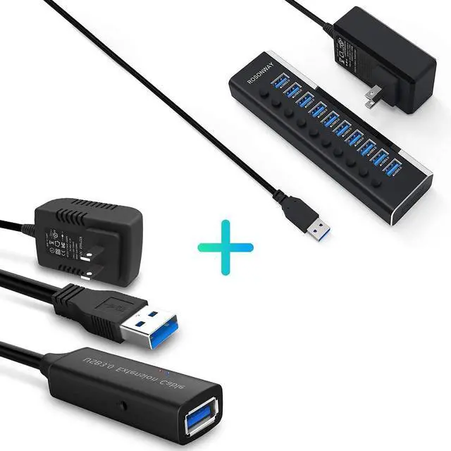 Main image of 10 Port USB Hub + USB 3.0 Active Extension Cable 32 Feet with 5V 2A Power Adapter