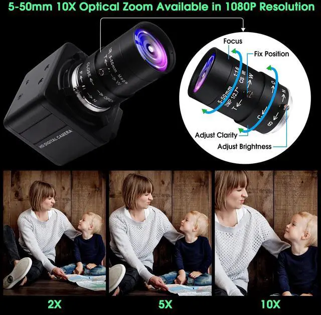 Alt view image 2 of 5 - ALPCAM 2MP FHD 1080P USB Webcam, 5-50mm Varifocal Zoom Lens, Low Light Correction, H.264 Compression, Compatible with Windows, Linux, Android