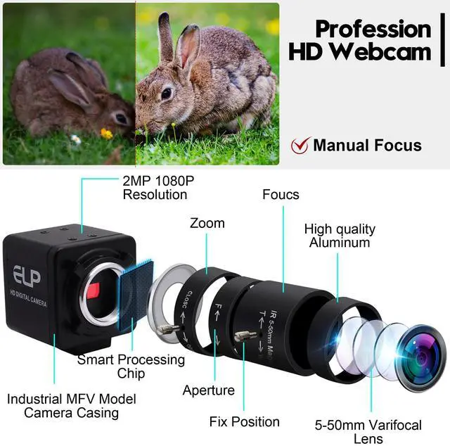 Alt view image 4 of 5 - ALPCAM 2MP FHD 1080P USB Webcam, 5-50mm Varifocal Zoom Lens, Low Light Correction, H.264 Compression, Compatible with Windows, Linux, Android