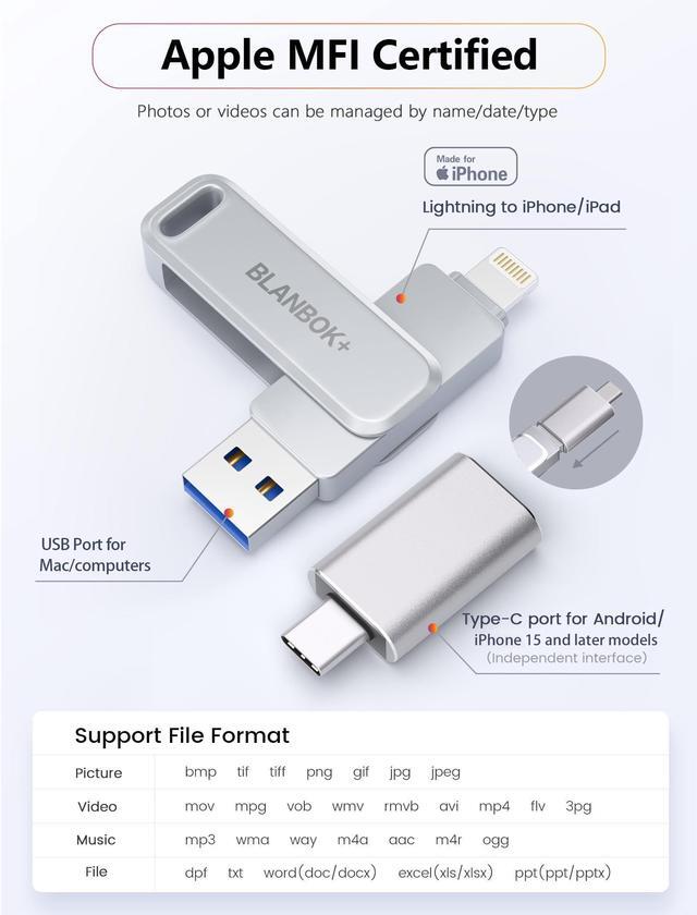 Alt view image 2 of 5 - MFi Certified 512GB Flash Drive Thumb Drives USB Memory Stick High Speed Jump Drive, Portable Photo Stick External Storage iPhone Flash Drive for iPhone/iPad/Android/PC