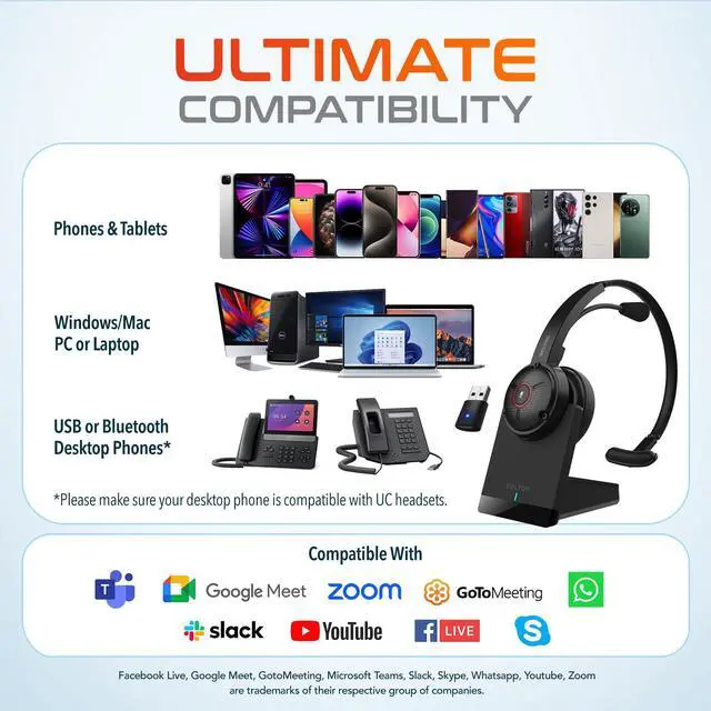 Alt view image 4 of 5 - Delton Noise Canceling Bluetooth Computer Headset with Charging Dock, Auto Pair USB Dongle for PC/Laptop, Compatible with MS Teams, Zoom, Google Meet, and More | Black