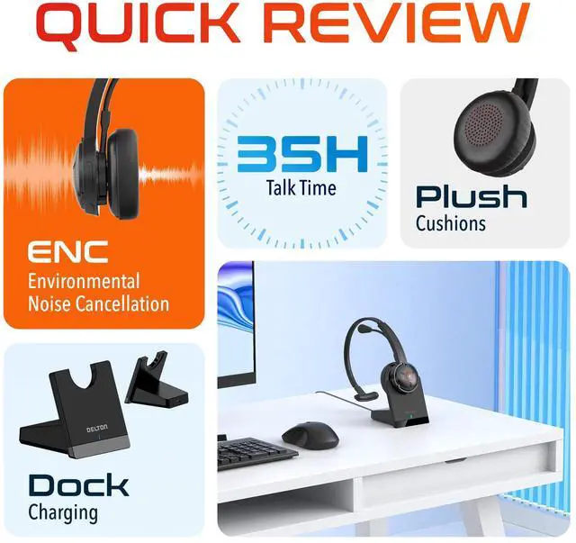 Alt view image 5 of 5 - Delton Noise Canceling Bluetooth Computer Headset with Charging Dock, Auto Pair USB Dongle for PC/Laptop, Compatible with MS Teams, Zoom, Google Meet, and More | Black