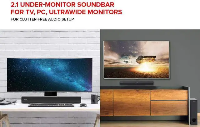 Alt view image 2 of 5 - Creative Stage 2.1 Channel Under-Monitor Soundbar with Subwoofer for TV, Computers, and Ultrawide Monitors, Bluetooth/Optical Input/TV ARC/AUX-in, Remote Control and Wall Mounting Kit