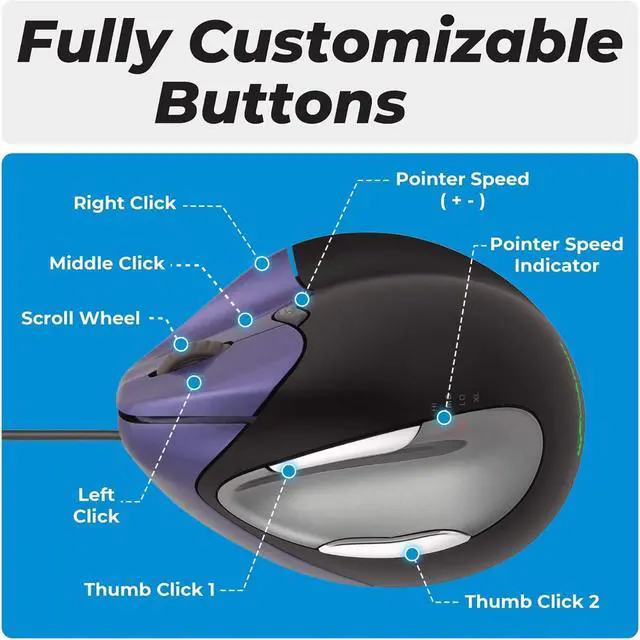 Alt view image 5 of 5 - Evoluent VM4S Vertical Mouse 4 Small for Right Hand  Ergonomic Mouse Wired USB, Helps Reduce Carpal Tunnel, Adjustable Speed & Programmable Buttons, Vertical Ergonomic Wired Mouse, Gaming/Office Use