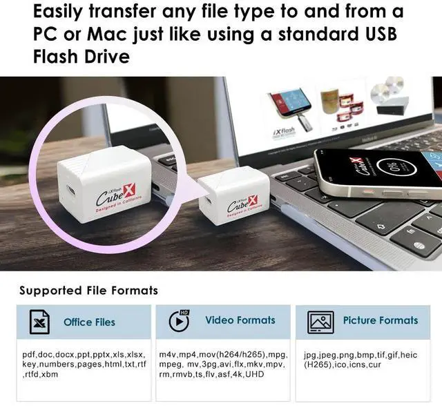 Alt view image 4 of 5 - Piodata iXflash Cube 256 GB Photo Storage Device Apple MFi Certified USB Type C with Quick Charge for iPhone & iPad, Auto Backup Photos & Videos