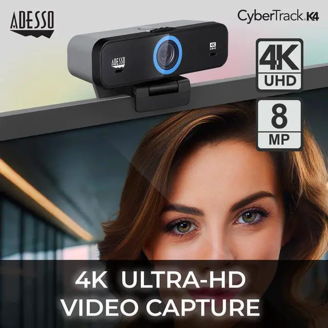 Alt view image 2 of 5 - Adesso CyberTrack K4 4K Ultra HD Fixed Focus USB Webcam with Adjustable Field of View Angle, Built-in Dual Microphones, Privacy Audio/Video Switch & Tripod Mount