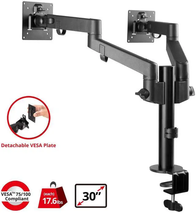 Alt view image 2 of 5 - SIIG Dual Monitor Desk Mount, Replaceable Articulating Arm, 14" to 30", Fully Adjustable, Fits Flat/Curved Monitor, Load Bearing 17.6 lbs max Each, VESA 75x75 100x100, C-Clamp & Grommet(CE-MT3E11-S1)