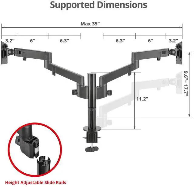 Alt view image 4 of 5 - SIIG Dual Monitor Desk Mount, Replaceable Articulating Arm, 14" to 30", Fully Adjustable, Fits Flat/Curved Monitor, Load Bearing 17.6 lbs max Each, VESA 75x75 100x100, C-Clamp & Grommet(CE-MT3E11-S1)