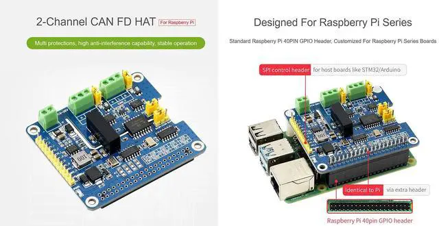 Alt view image 3 of 5 - 2-Channel Isolated CAN Bus FD Expansion HAT for Raspberry Pi, with MCP2518FD CAN Controller and MCP2562FD CAN Transceiver, Supports Original CAN2.0 and CAN FD Protocols, Multi Protection Circuits