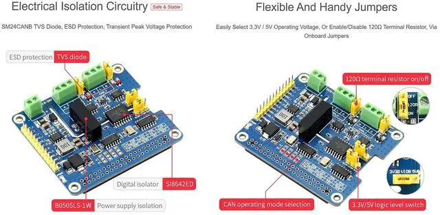 Alt view image 5 of 5 - 2-Channel Isolated CAN Bus FD Expansion HAT for Raspberry Pi, with MCP2518FD CAN Controller and MCP2562FD CAN Transceiver, Supports Original CAN2.0 and CAN FD Protocols, Multi Protection Circuits