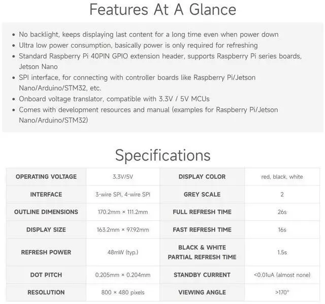 Alt view image 4 of 5 - Waveshare 7.5inch E-Paper E-Ink Display HAT Compatible with Raspberry Pi 5/4B/3B/Zero/Zero W/Zero 2W/Pico/Pico W/Pico WH, 800×480 Pixels Red/Black/White Three-Color SPI Interface