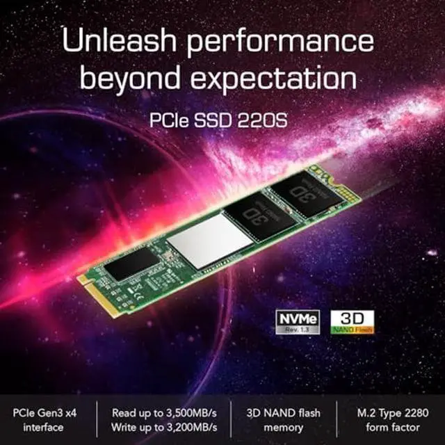 Alt view image 3 of 5 - Transcend TS1TMTE220S 1TB M.2 NVMe PCIe Gen3x4 80mm Internal Solid State Drive with Speeds up to 3,500MB/s