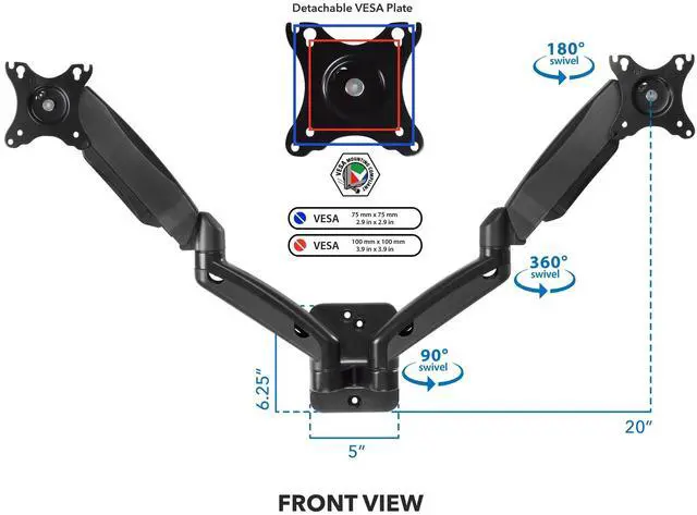 Alt view image 4 of 5 - Mount-It! Dual Monitor Wall Mount - 2 Monitor Wall Mount Arms - Full Motion Adjustable Computer Monitor Wall Mount with Articulating Arms for up to 27" Screens with 75 or 100 VESA Patterns