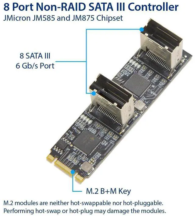 Alt view image 5 of 5 - 8 Port Non-RAID SATA III 6Gbp/s to M.2 B+M Key Adapter PCI-e 3.0 x2 bandwith