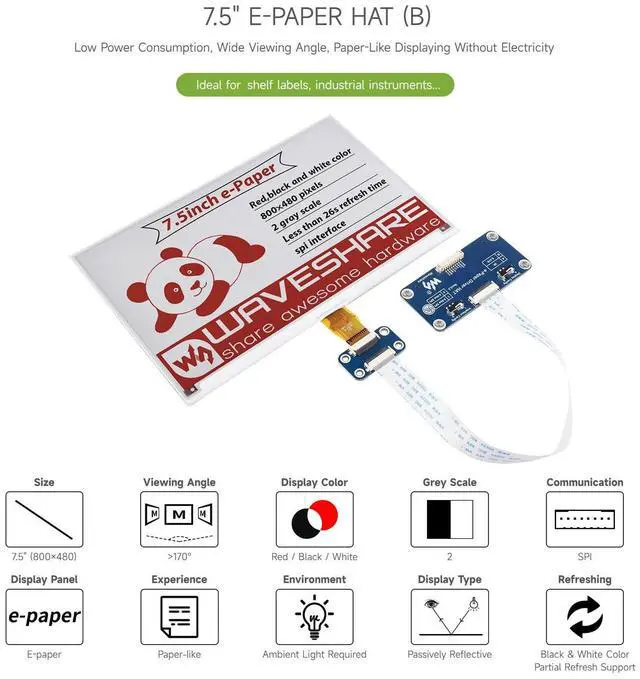 Alt view image 3 of 5 - Waveshare 7.5inch E-Paper E-Ink Display HAT Compatible with Raspberry Pi 5/4B/3B/Zero/Zero W/Zero 2W/Pico/Pico W/Pico WH, 800×480 Pixels Red/Black/White Three-Color SPI Interface