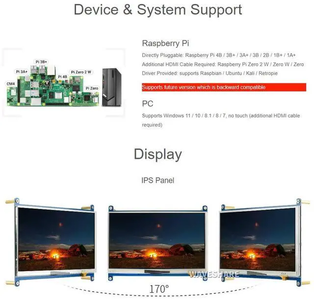 Alt view image 4 of 5 - waveshare 7inch Resistive Touch Screen LCD Compatible with Raspberry Pi 4B/3B+/3A+/2B/B+/A+/Zero/Zero W/WH/Zero 2W CM3+/4 Series Boards 1024×600 Resolution HDMI IPS Supports Windows