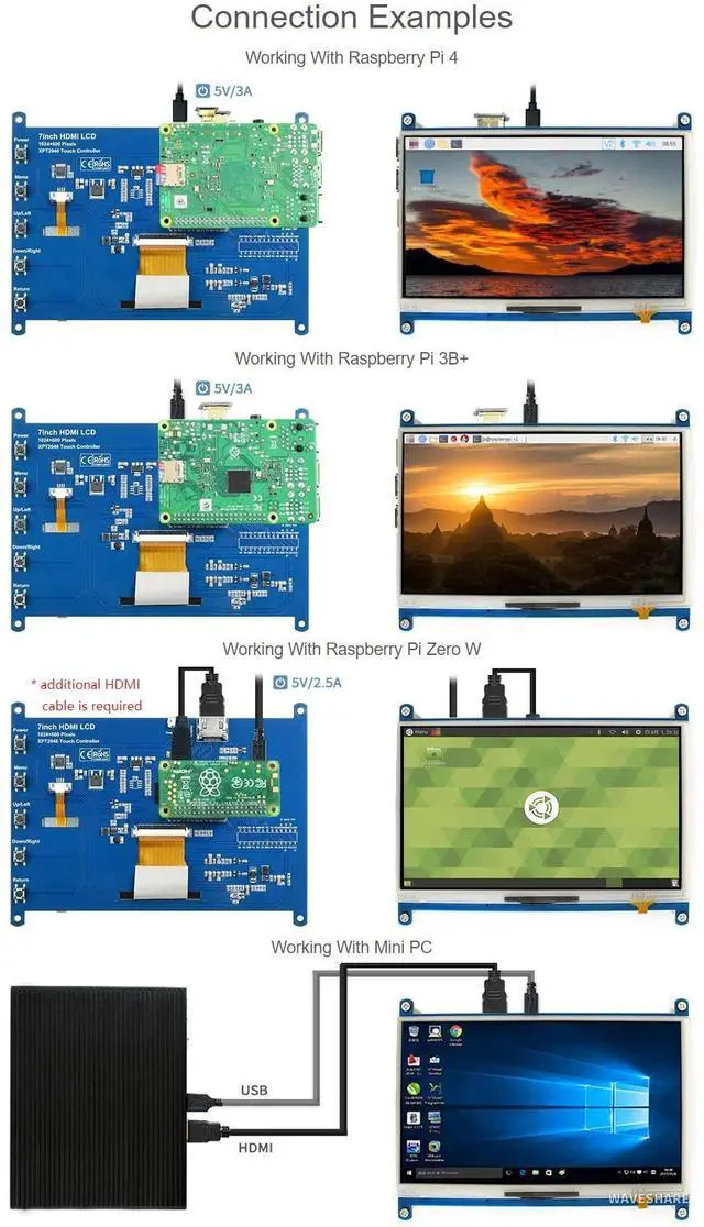 Alt view image 5 of 5 - waveshare 7inch Resistive Touch Screen LCD Compatible with Raspberry Pi 4B/3B+/3A+/2B/B+/A+/Zero/Zero W/WH/Zero 2W CM3+/4 Series Boards 1024×600 Resolution HDMI IPS Supports Windows