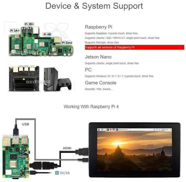 Alt view image 3 of 5 - waveshare 7inch HDMI LCD (H) (with case) 1024x600 for Raspberry Pi IPS Display Capacitive Touch Screen Monitor with Toughened Glass Cover Case for Raspberry Pi 4/3/2/1 B B+ A+/Jetson Nano/Windows 10