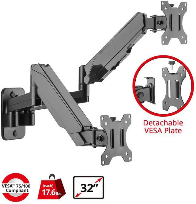 Alt view image 2 of 5 - SIIG Dual Arm Monitor Wall Mount for 17" to 32" Screens, Up to 17.6lbs per Monitor, Heavy Duty Aluminum Gas Spring with Rotation, Tilt, Swivel, VESA 75x75 or 100x100 (CE-MT2M12-S1)
