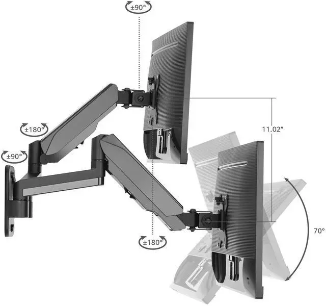 Alt view image 4 of 5 - SIIG Dual Arm Monitor Wall Mount for 17" to 32" Screens, Up to 17.6lbs per Monitor, Heavy Duty Aluminum Gas Spring with Rotation, Tilt, Swivel, VESA 75x75 or 100x100 (CE-MT2M12-S1)