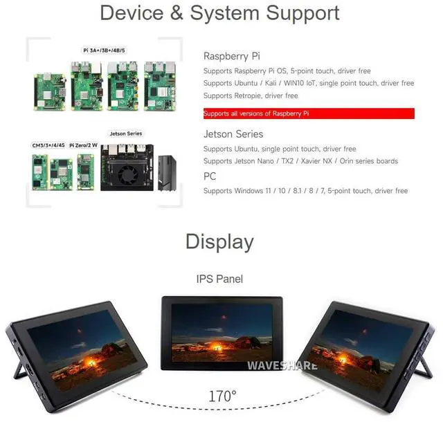 Alt view image 4 of 5 - Waveshare 7inch Capacitive Touch Screen LCD (H) with Case, Compatible with Raspberry Pi 5/4B/3B/Zero/Zero W/Zero 2W/Pico/Pico W/Pico WH, 1024×600, HDMI, IPS