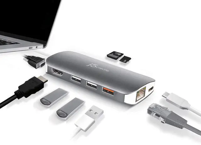 Alt view image 2 of 5 - j5create USB C Hub Adapter Multi-Monitor 10-in-1 Port Docking Station 4K HDMI, VGA, Ethernet, USB 3.0, MicroSD, SD, USB-C 3.1 + Power Delivery | for PC, Laptop, Tablet, Display Connection