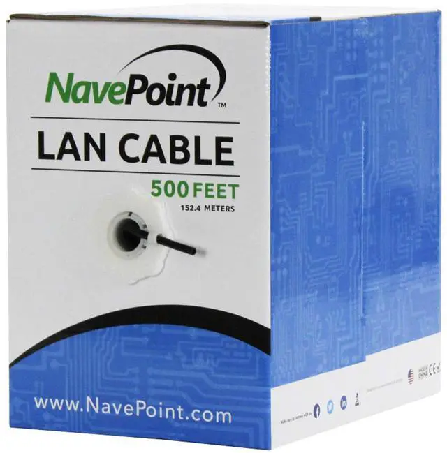 Main image of NavePoint CAT5e (CCA), 500ft, Black, Solid Bulk Ethernet Cable, 24AWG 4 Pair, Unshielded Twisted Pair (UTP)