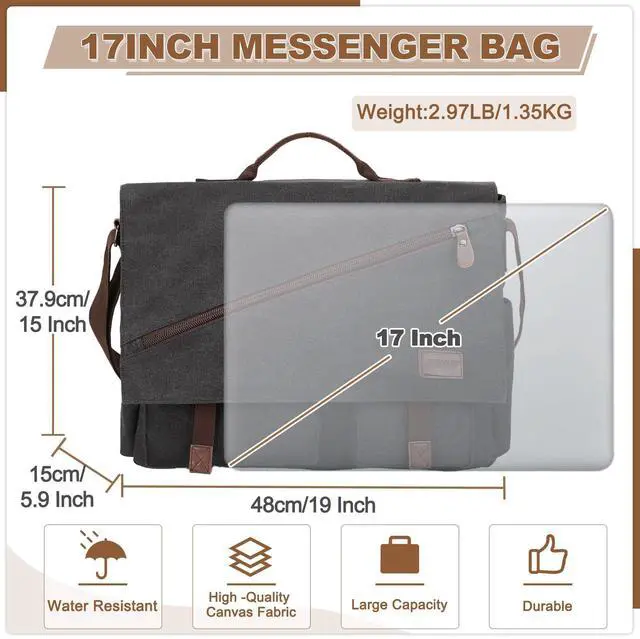 Alt view image 2 of 5 - RAVUO Mens Messenger Bag,17 Inch Water Resistant Canvas Satchel Large Black Vintage Shoulder Business Briefcase Bag