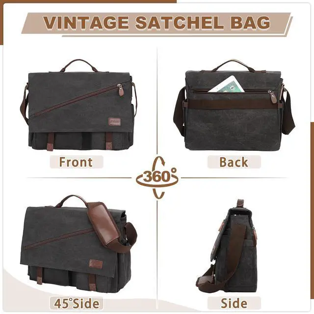 Alt view image 5 of 5 - RAVUO Mens Messenger Bag,17 Inch Water Resistant Canvas Satchel Large Black Vintage Shoulder Business Briefcase Bag