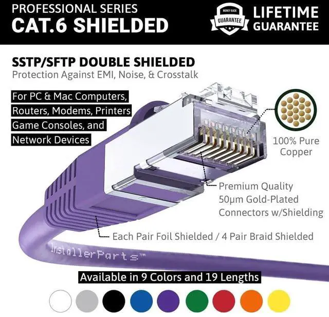 Alt view image 2 of 5 - InstallerParts (10 Pack Ethernet Cable CAT6 Cable Shielded (SSTP/SFTP) Booted 7 FT - Purple - Professional Series - 10Gigabit/Sec Network/High Speed Internet Cable, 550MHZ