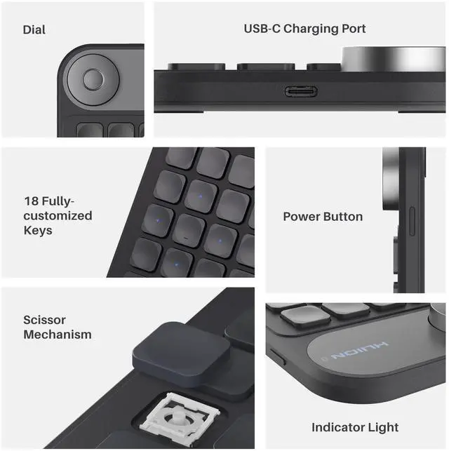 Alt view image 2 of 5 - HUION Keydial Mini Bluetooth Programmable Keypad with Dial 5 Keys Anti-ghosting 18 Customized Keys, Wireless Shortcut Keyboard for Drawing Tablet, PC, MacBook, Surface Pro, Laptops