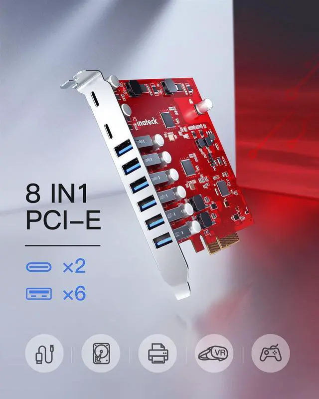 Alt view image 3 of 5 - Inateck PCIe to USB 3.2 Gen 2 Extension Card with 16 Gbps Bandwidth, 6 USB Type-A and 2 USB Type-C Ports, RedComets U22