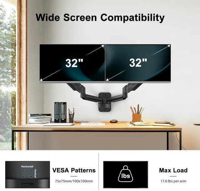 Alt view image 2 of 5 - HUANUO Dual Monitor Wall Mount with Gas Spring Arms - 17-32 Inch Computer Screen Mount (4.4-17.6lbs Per Arm) - VESA 75x75/100x100 Height Adjustable Stand for Dual Monitors - Home Office Desk Setup