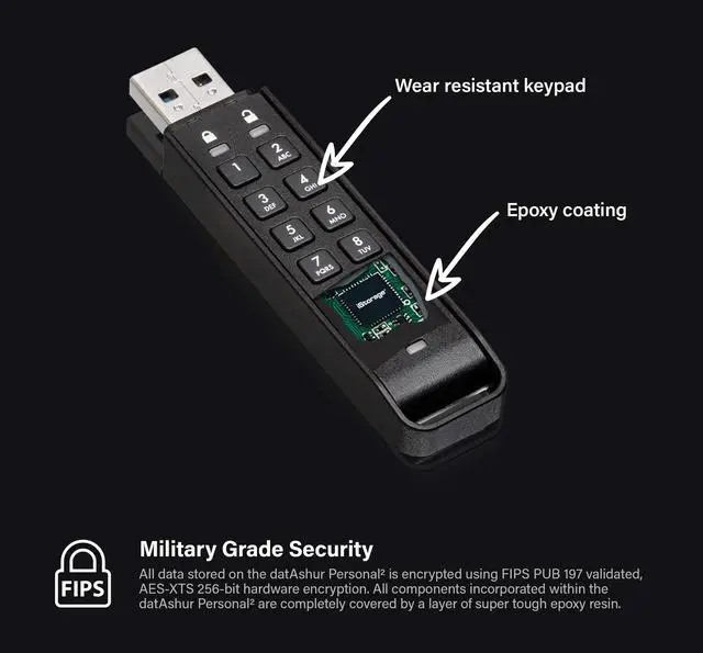 Alt view image 3 of 5 - iStorage datAshur Personal2 16 GB | Secure Flash Drive | Password Protected | Portable | Military Grade Hardware Encryption
