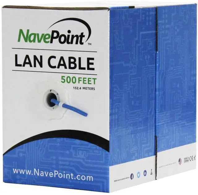 Main image of NavePoint CAT5e (CCA), 500ft, Blue, Solid Bulk Ethernet Cable, 24AWG 4 Pair, Unshielded Twisted Pair (UTP)
