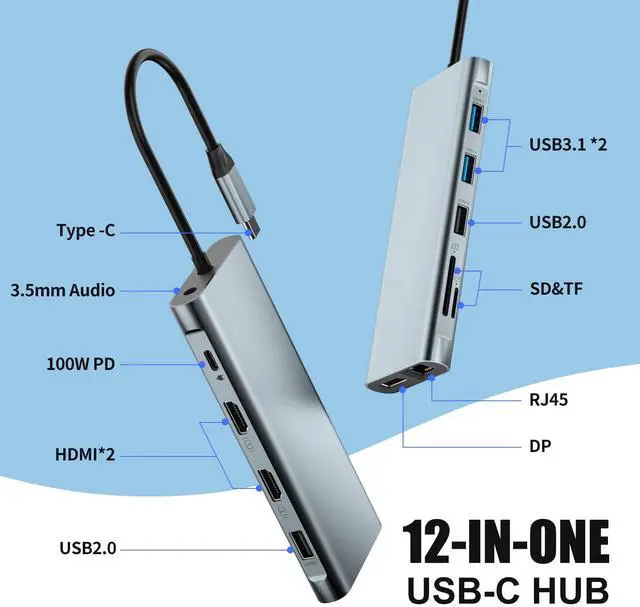 Alt view image 2 of 5 - USB C Docking Station Dual Monitor,Laptop Docking Station,12 in 1 Triple Display USB C Hub Multiport Adapter to Dual 4K HDMI,DP,100W PD,2 USB 3.1,RJ45,SD/TF,Audio for MacBook and Type C Laptop