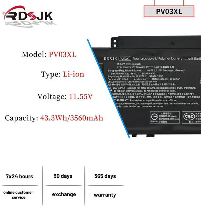 Alt view image 2 of 5 - PV03XL PP03XL Laptop Battery for HP Pavilion x360 13-BB 13-BB0000 14-DV 14M-DW 14-DK 15-EH 15-EH0000 14-dw0xxx Series HSTNN-LB8S HSTNN-DB9X HSTNN-OB1P L83388-421 L83388-AC1 L83393-005 11.55V 43.3Wh