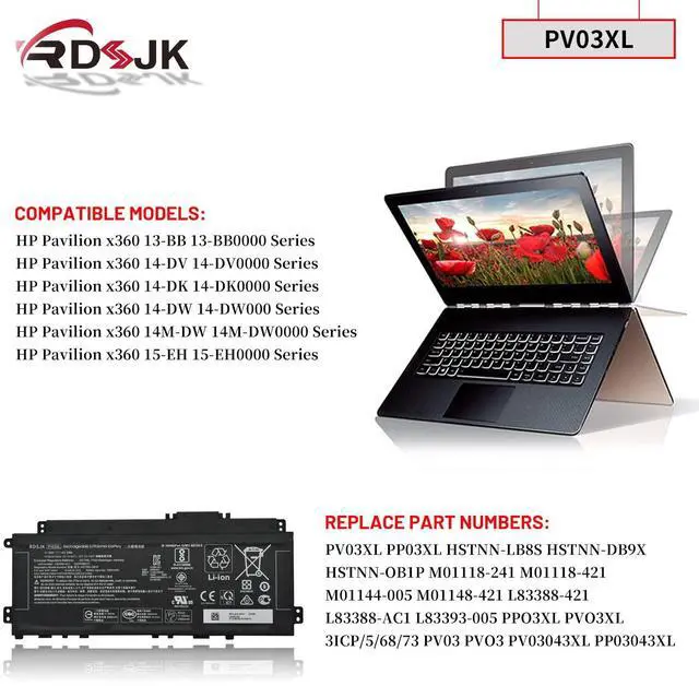 Alt view image 3 of 5 - PV03XL PP03XL Laptop Battery for HP Pavilion x360 13-BB 13-BB0000 14-DV 14M-DW 14-DK 15-EH 15-EH0000 14-dw0xxx Series HSTNN-LB8S HSTNN-DB9X HSTNN-OB1P L83388-421 L83388-AC1 L83393-005 11.55V 43.3Wh