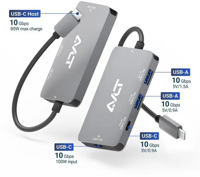 Alt view image 3 of 5 - AVLT 4-Port USB 3.1 Gen 2 Type C 10G Hub with 85W PD Charging - Portable Multiport Adapter  Fast Data Transfer and Charging for MacBook, Laptop, PC, iPad (Does NOT Support USB-C Monitor)