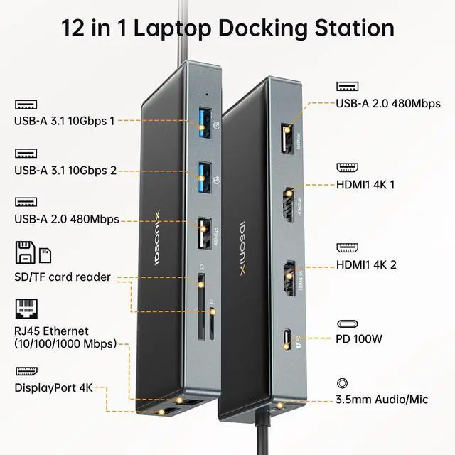 Alt view image 2 of 5 - USB C Laptop Docking Station - 12 in 1 Docking Station Triple Display Multiport Adapter with 2 HDMI 4K, DP 4K@60HZ, 2 USB 3.1 10Gbps, PD 100W, TF/SD, RJ45, Audio, Compatible for Dell Hp Lenovo MacBook