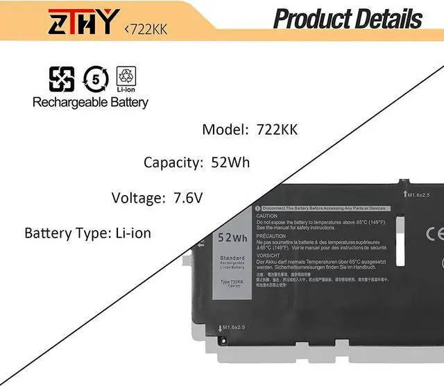 Alt view image 3 of 5 - 722KK Laptop Battery Replacement for Dell XPS 13 9300 (2020 edition), XPS 13 9310 (2020 edition), XPS 13 9380 (2020 edition) Series P117G P117G002 P117G001 0WN0N0 WN0N0 02XXFW 2XXFW FP86V 7.6V 52Wh